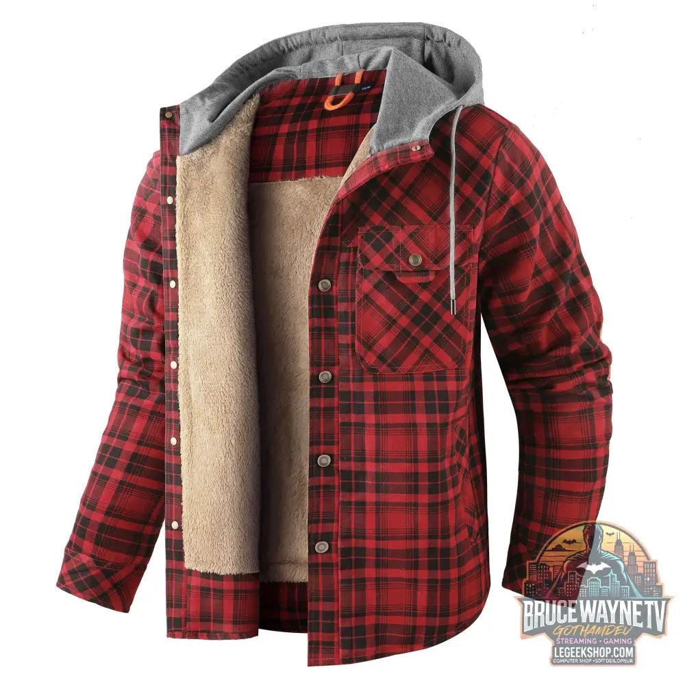 Veste Chemise Carreaux Homme Doublée Polaire Capuche Hiver - Red / S - Veste Chemise Homme