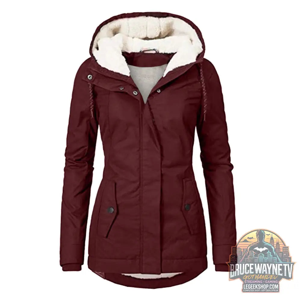 Veste Hiver Capuche Polaire Chaude Poches Zip Femme - Wine Red / 3XL - Veste Femme