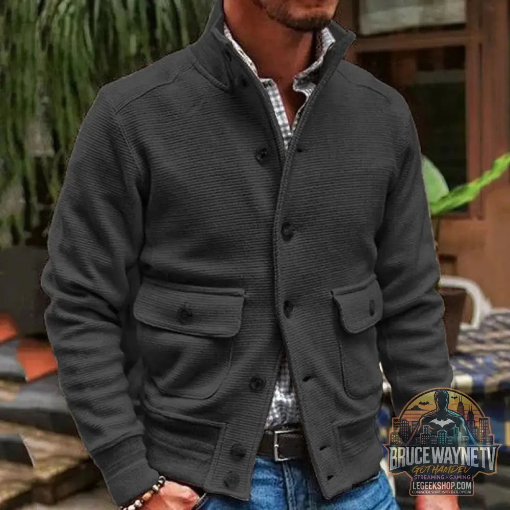 Veste Homme Col Montant Tricot Couleur Unie Décontractée Polyester - Black / S - Veste Homme