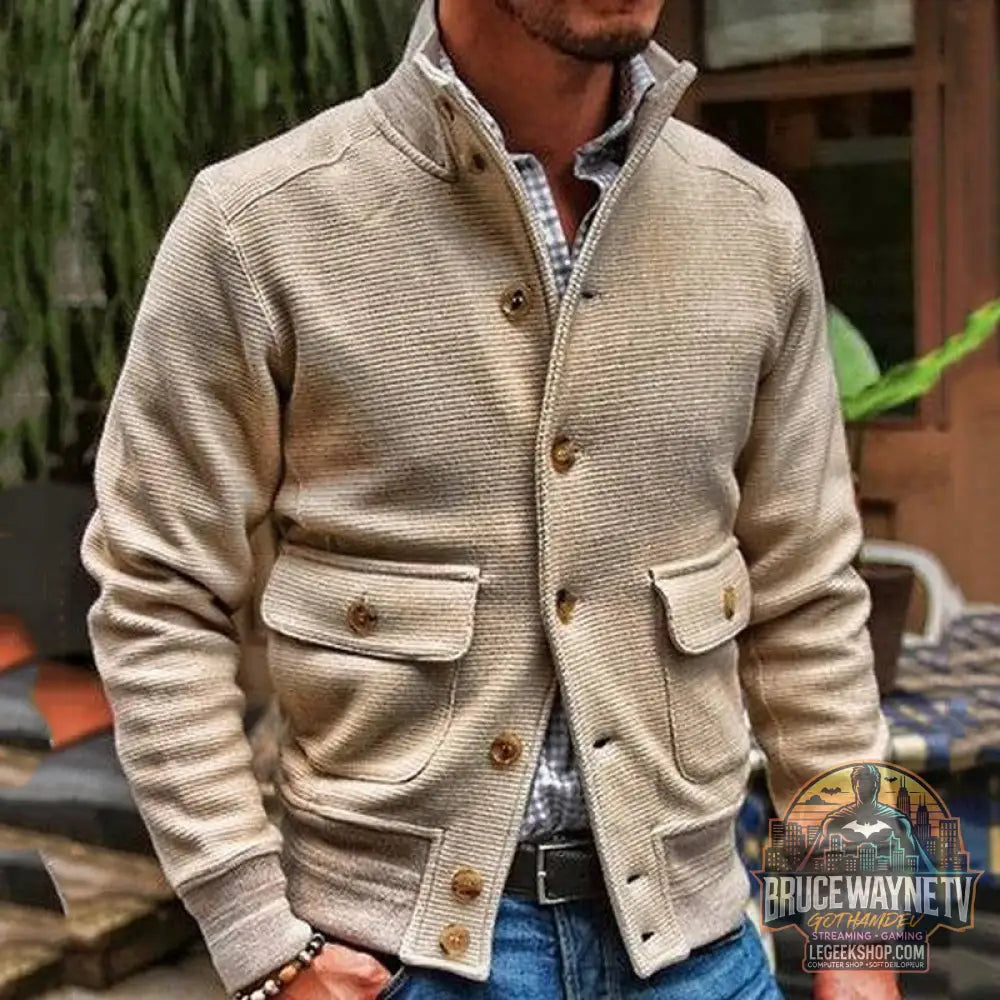 Veste Homme Col Montant Tricot Couleur Unie Décontractée Polyester - Beige / S - Veste Homme
