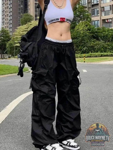 Guide d'achat : Pantalon de survêtement baggy à jambes larges pour femmes, pantalon noir parachute Y2K, Streetwear Hiphelicopter, poches surdimensionnées, Cargo FjHarajuku | Wayne Outfitters