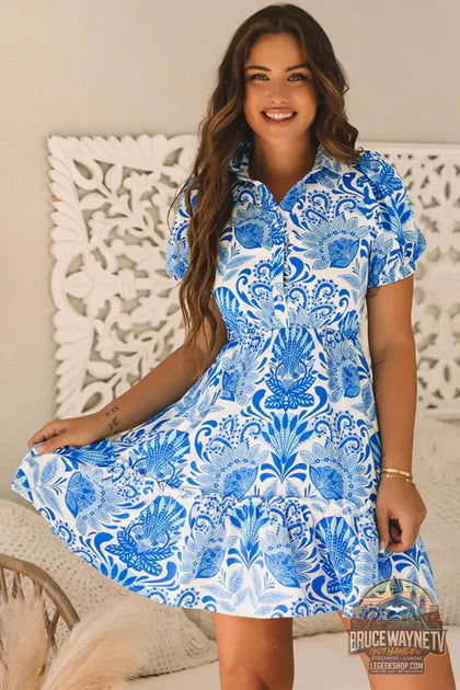 Guide d'achat : Mini-Robe Femme – Bleu Ciel · Floral Rétro · Volants · Cordon de Serrage · Boutonnée