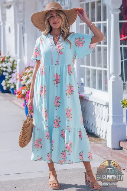 Guide d'achat : Robe Longue Femme – Florale · Col Cranté · Manches Courtes Flottantes · Taille Haute · 2 Coloris