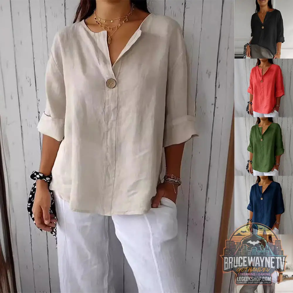 T-Shirt Femme Col V Manches Longues Coton Lin Boutons Décontracté