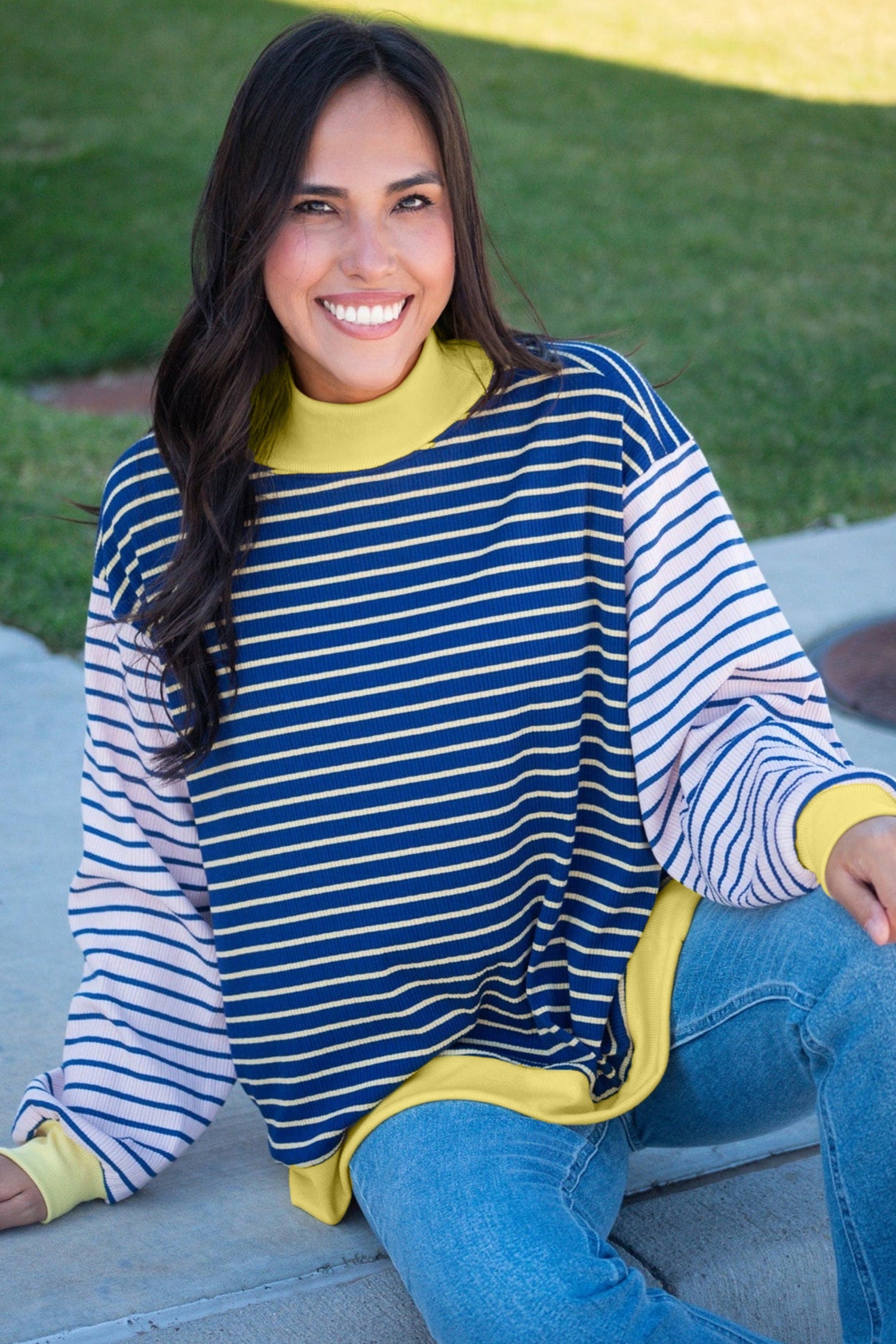 Blue Stripe Contrast Long Sleeve Crew Neck Pullover Top