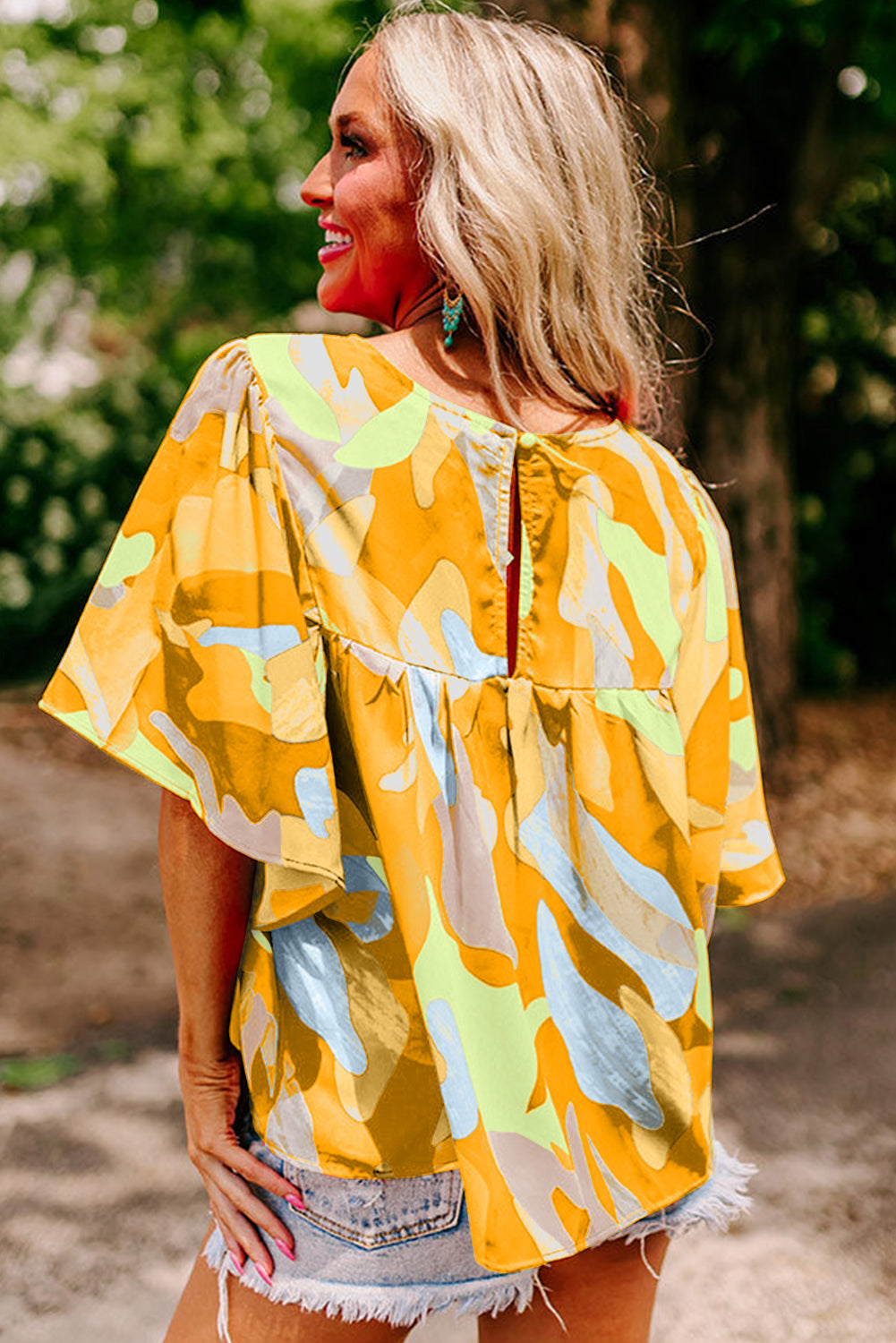 Vitality Orange Abstract Pattern Wide Sleeve Crew Neck Blouse