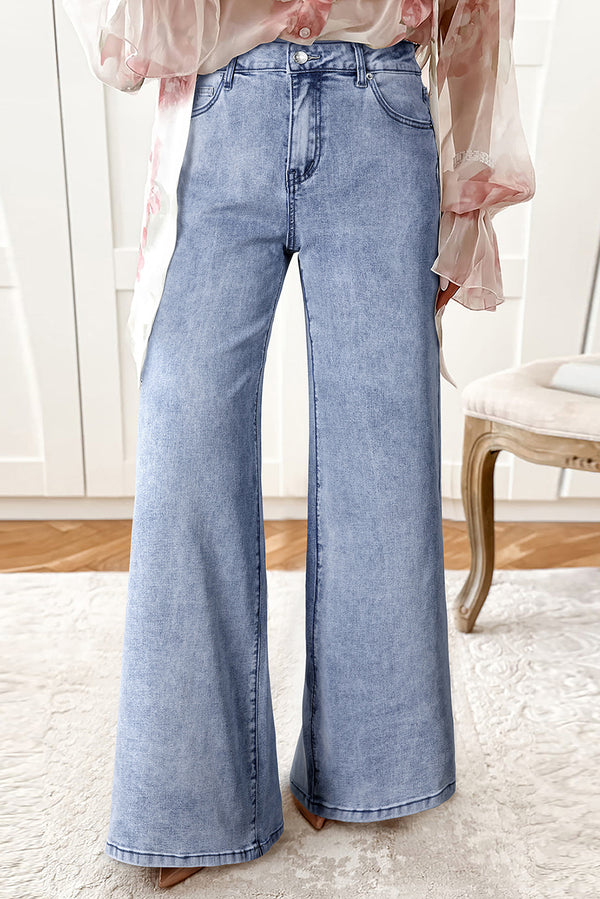 Jean femme boutonnée, zip, taille haute — bleu ciel