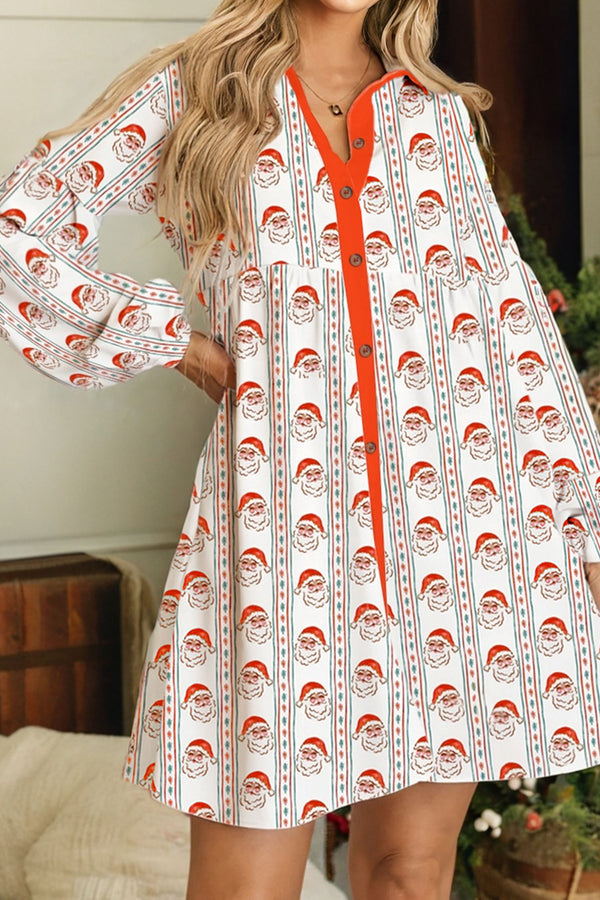 Robe courte femme Noël, boutonnée, manches longues — blanc