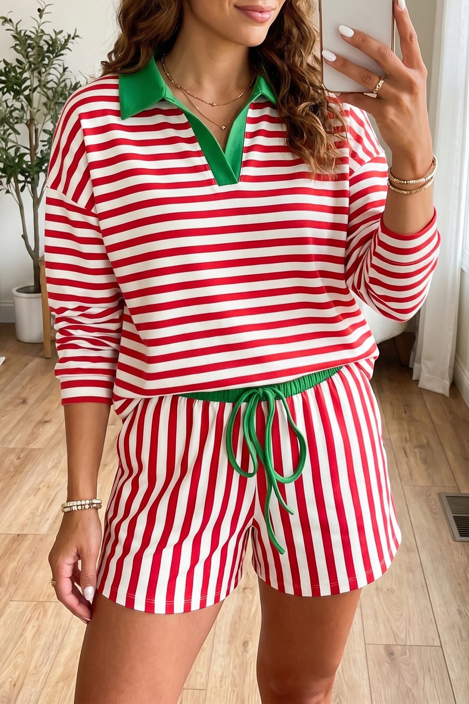 Ensemble femme rayé, à cordon, taille élastique, casual, colorblock — rouge