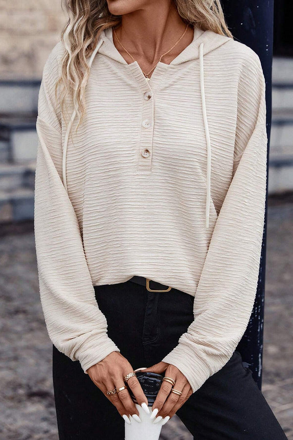 Apricot Solid Textured Drawstring Henley Hoodie femme