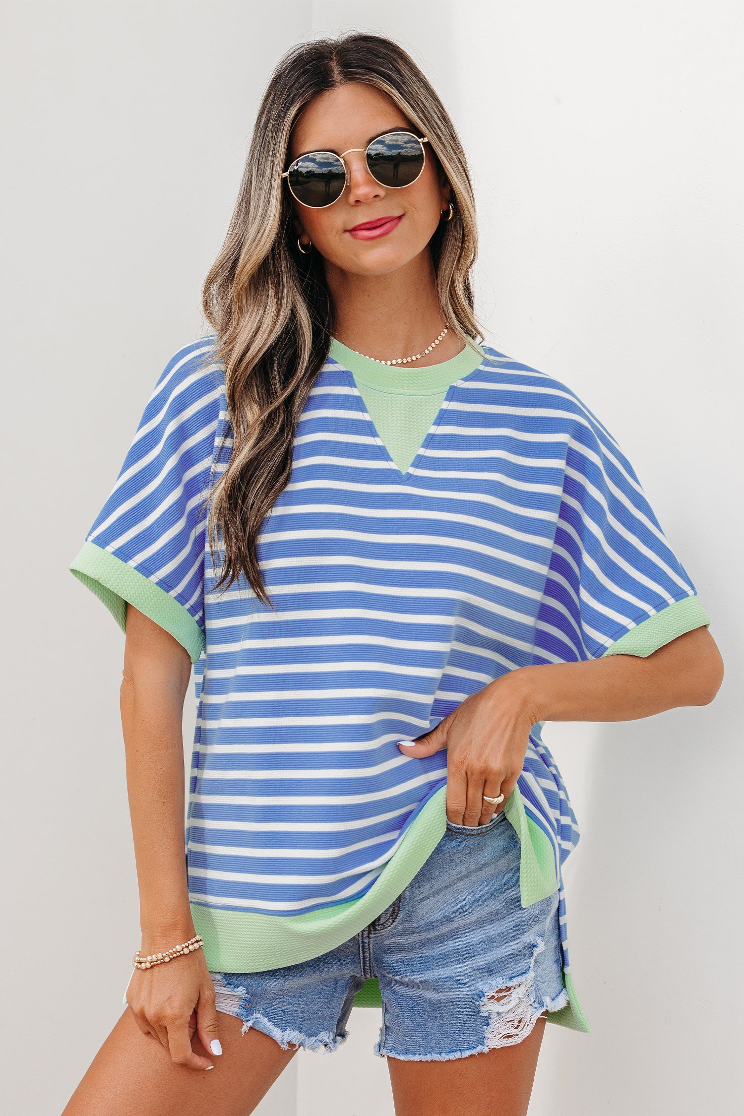 Pink Stripe Contrast Trim Loose Short Sleeve Top
