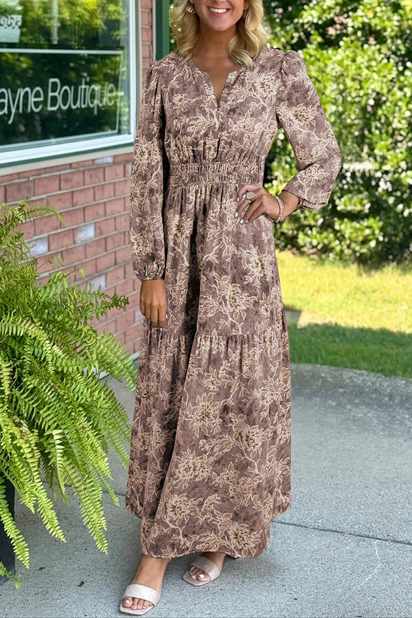 Robe longue femme floral, smocké, manches longues, taille haute, maxi — marron