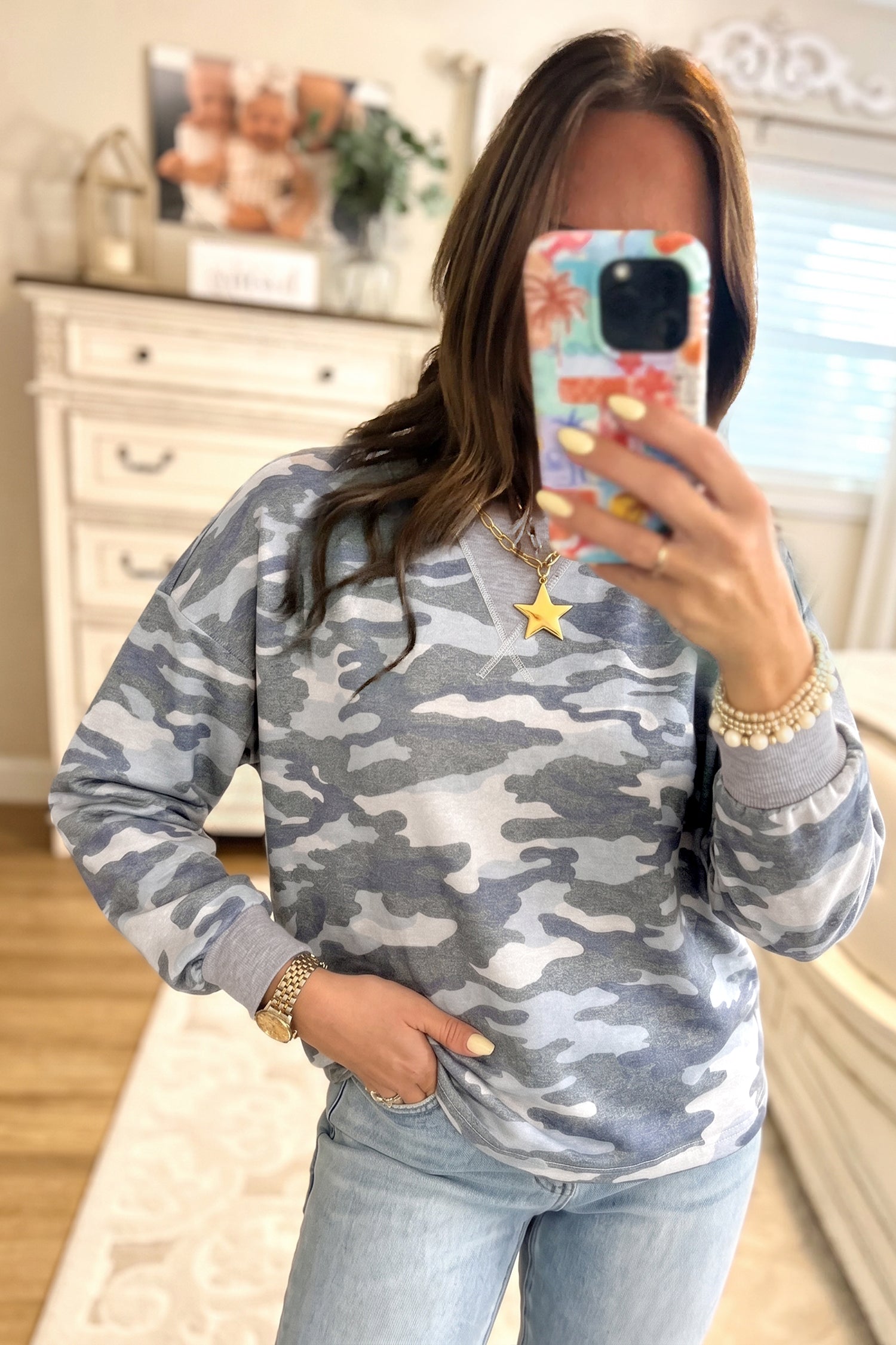 Multicolour Camouflage Long Sleeve Round Neck Shift Pullover Top