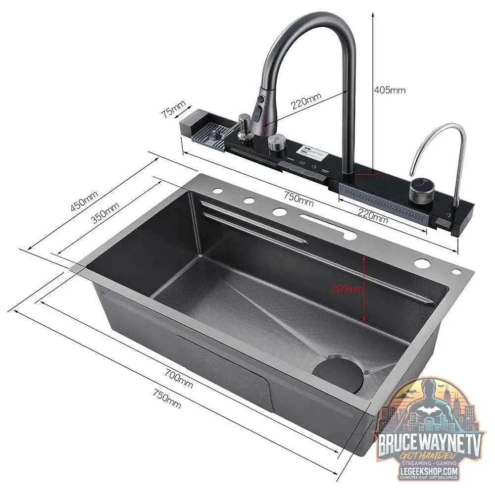 🚰 Évier cascade en acier inoxydable 304 – Affichage numérique & accessoires intégrés - Legeekshop