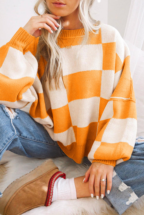 Pull femme à carreaux — orange · LC2723492-P3014 · LC2723492-P3014-L
