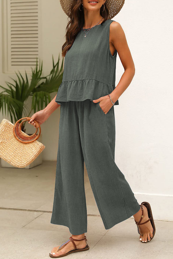 Pantalon femme à volants, uni, côtelé — vert