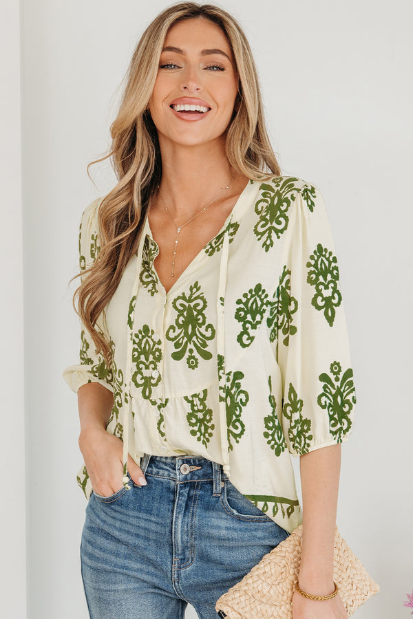 Chemise femme floral, boutonnée, manches 3/4, col V — abricot
