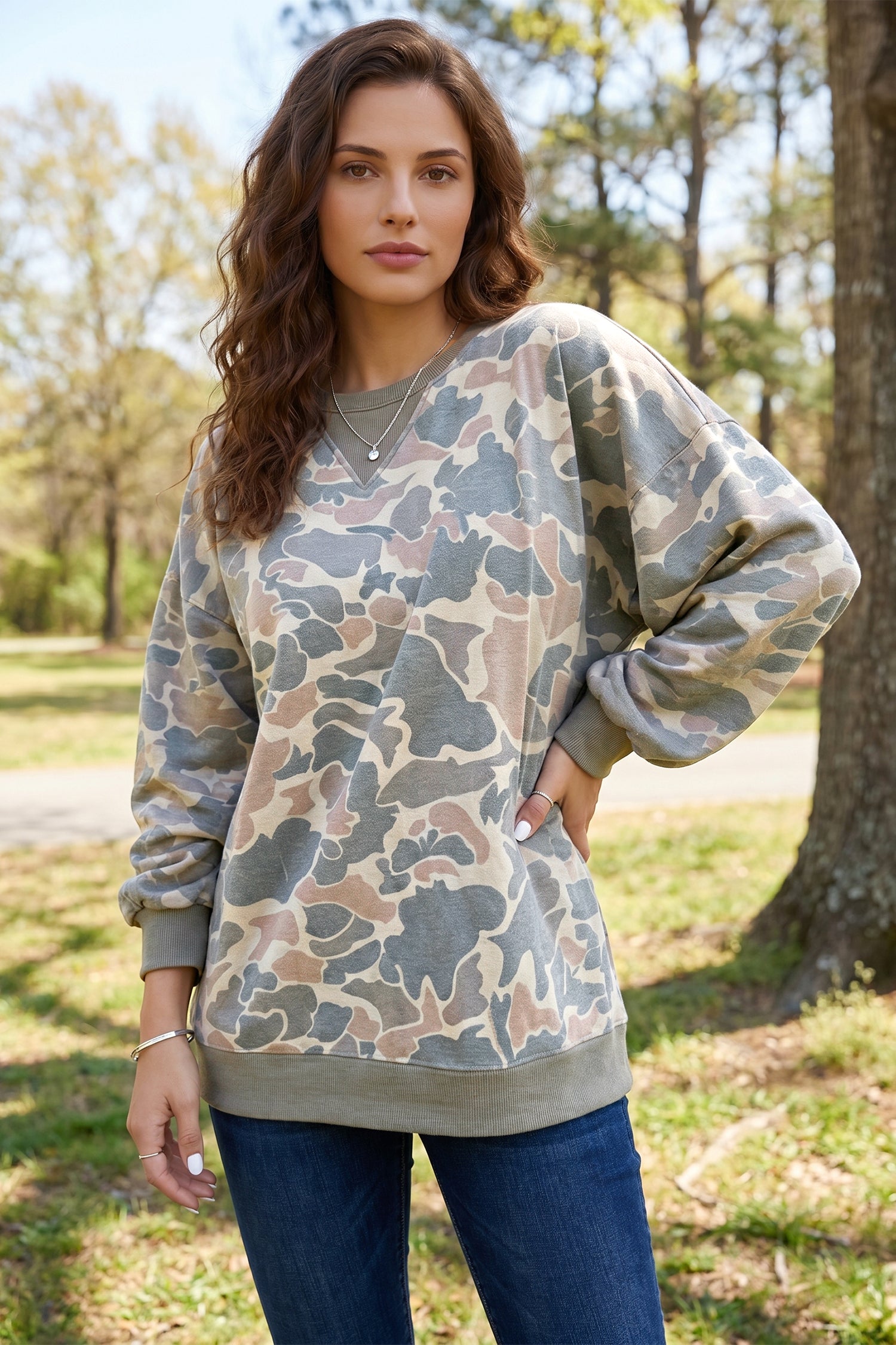 Multicolour Camo Print Ribbed Trim Casual Pullover Sweatshirt