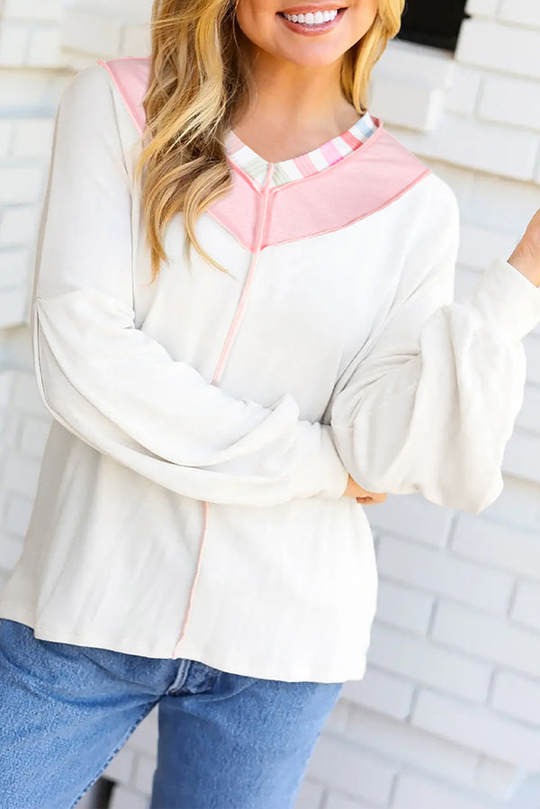 Haut femme rayé, manches longues, col V, ample, colorblock — blanc