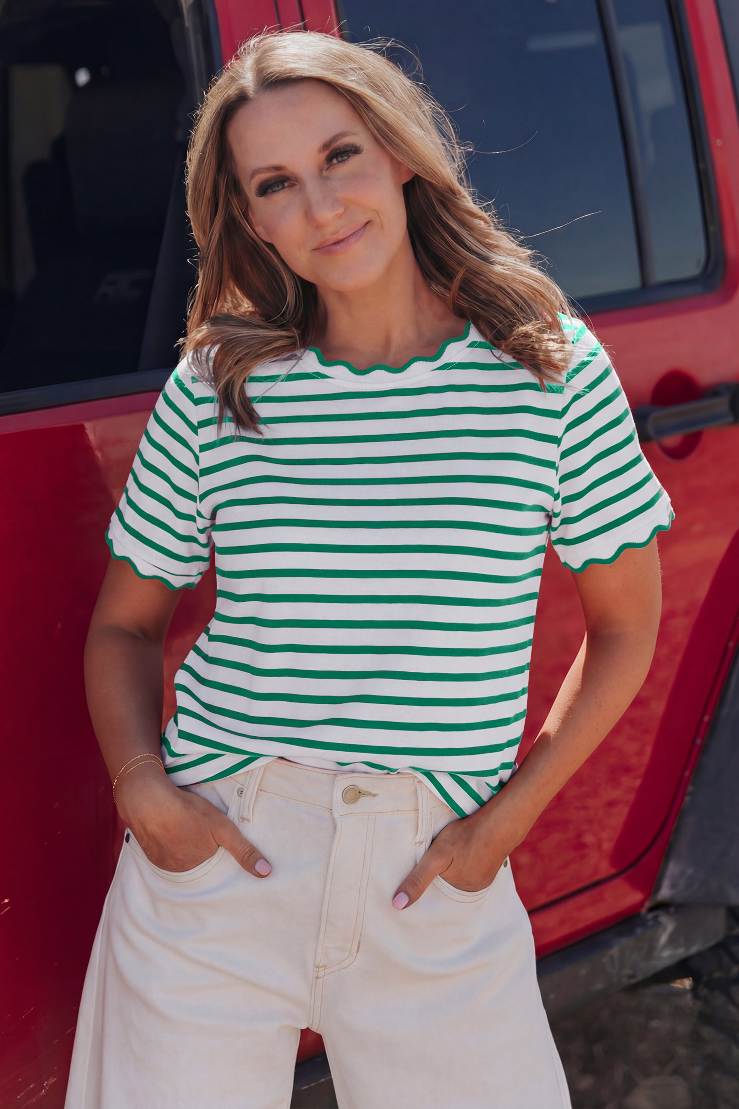 Black Stripe Scalloped Trim Round Neck T Shirt