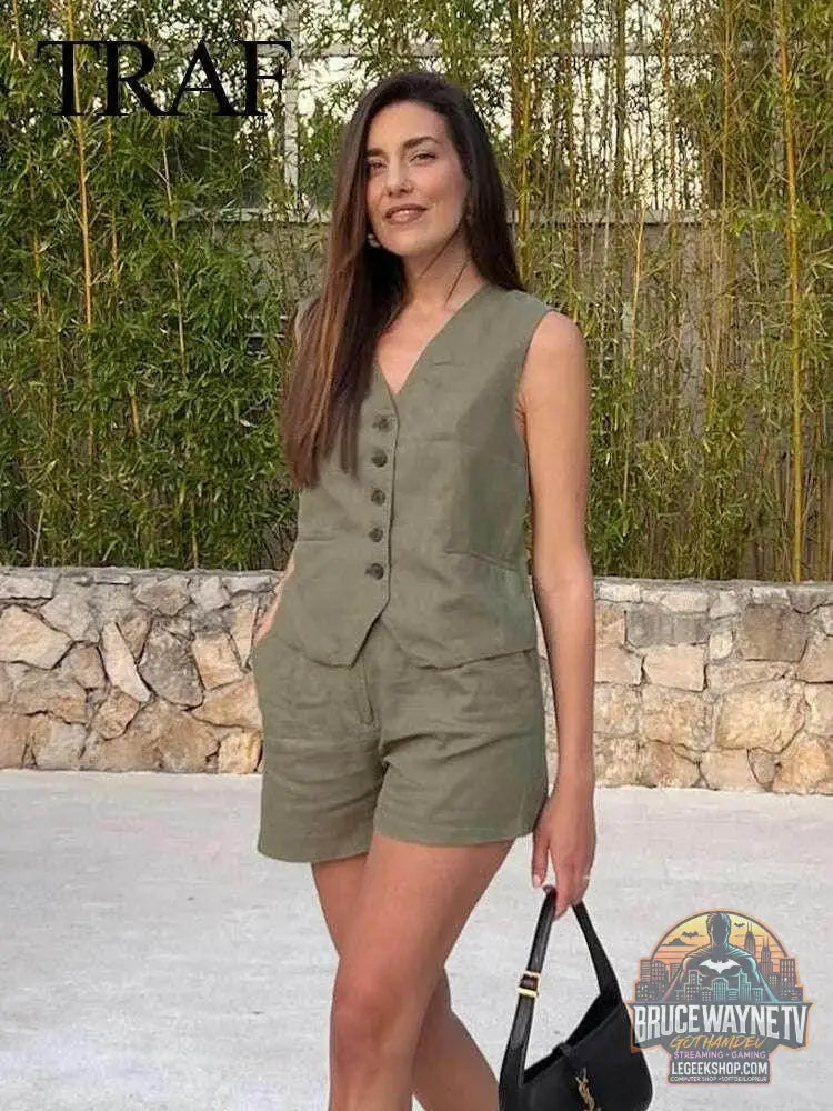 👗 Ensemble deux pièces femme – Gilet sans manches & short à poches - Legeekshop