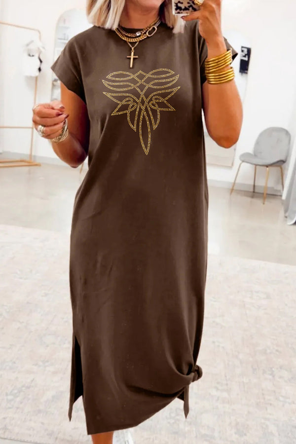 Robe femme graphique, strass, midi — rouge
