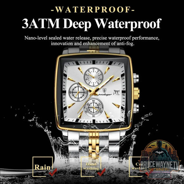 Montre-bracelet de sport carrée de luxe pour homme, chronographe étanche, montre à quartz en acier inoxydable | POEDAGAR - Legeekshop