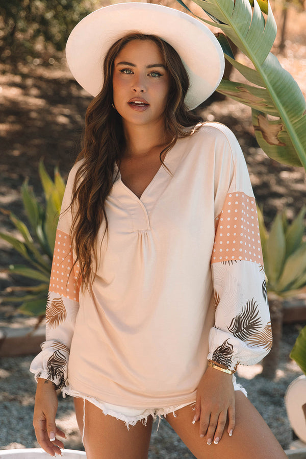 Blouse femme pois, patchwork, manches bouffantes, col V, ample-P2015