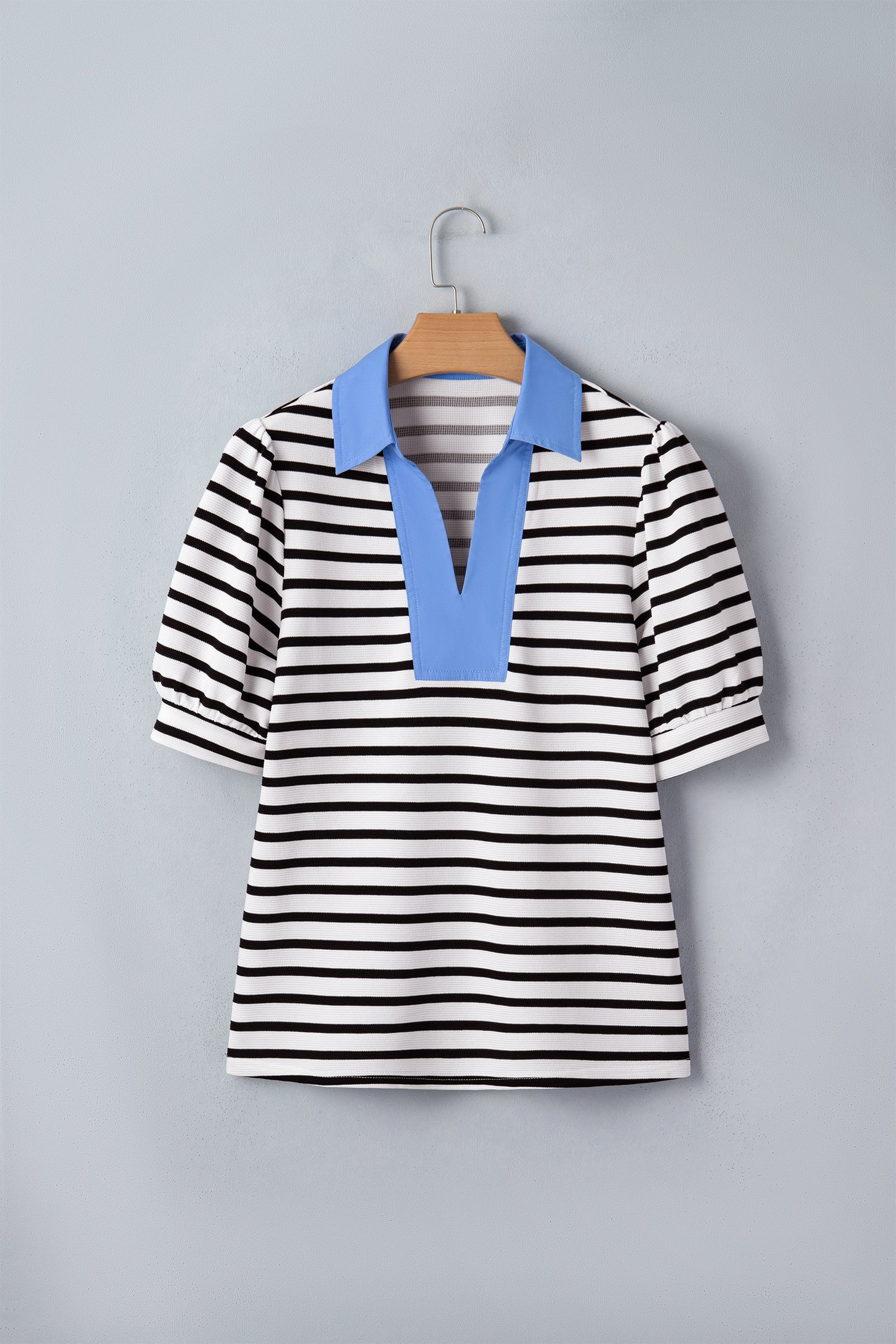 Black Stripe Short Puff Sleeve Color Block Polo Collar Blouse