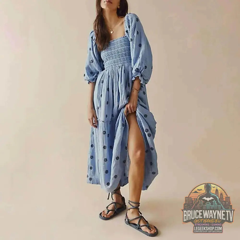 🌺 Robe longue à fleurs brodées 3D – Col carré & manches bouffantes - Legeekshop