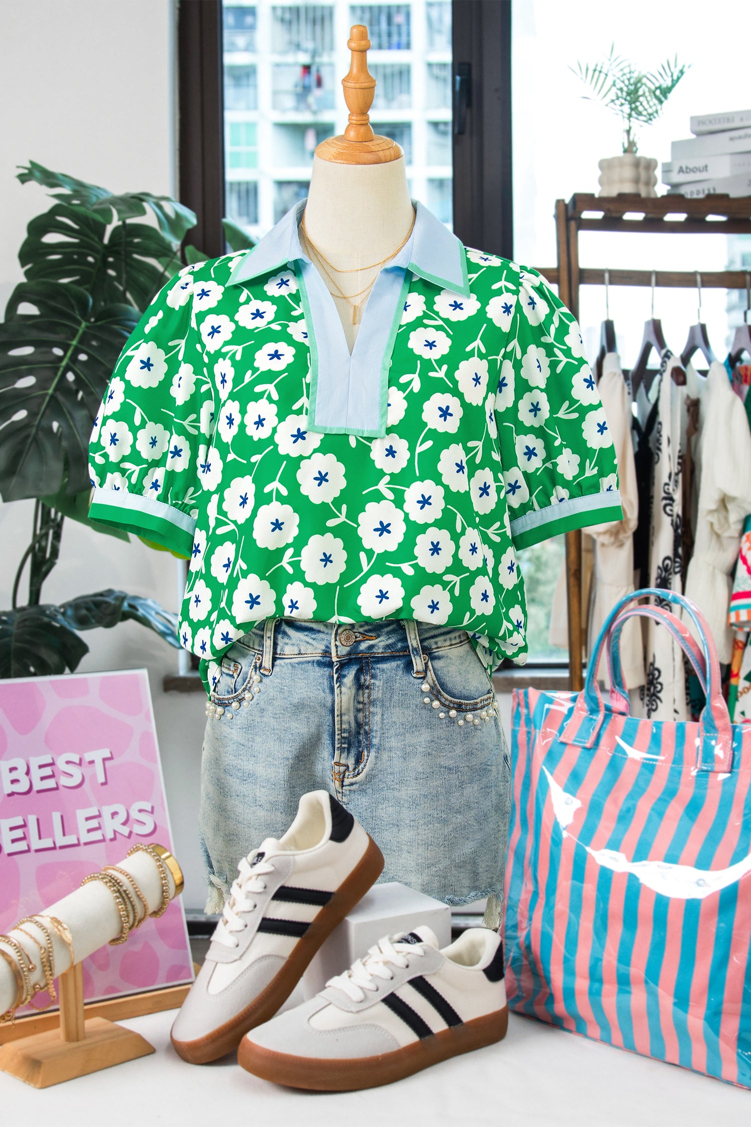 Green Flower Printed Contrast Patchwork Collar Short Sleeve Blouse