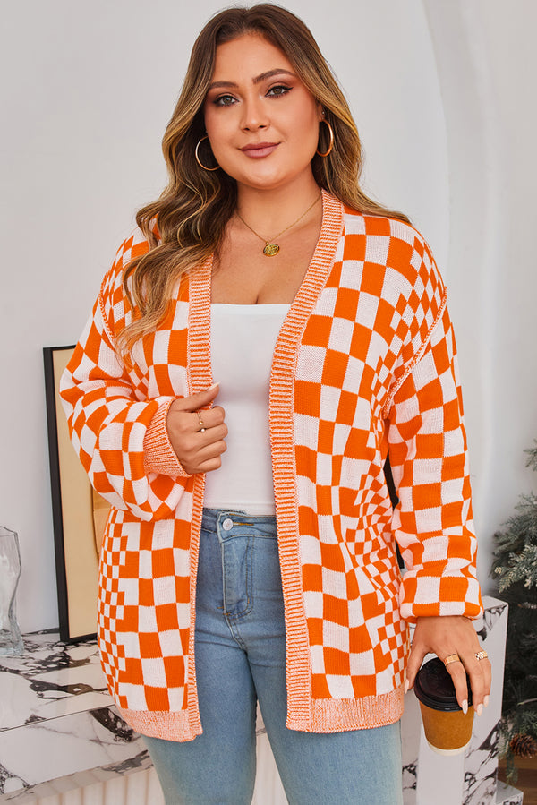 Grande taille Cardigan femme à carreaux, manches ballon, épaules tombantes — orange