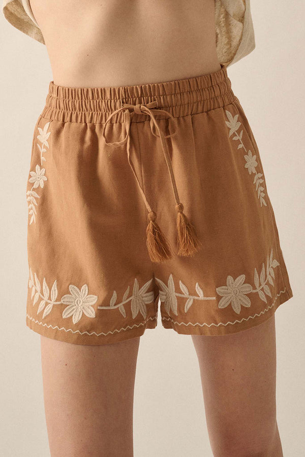 Short femme brodé, à cordon, taille élastique, casual — kaki