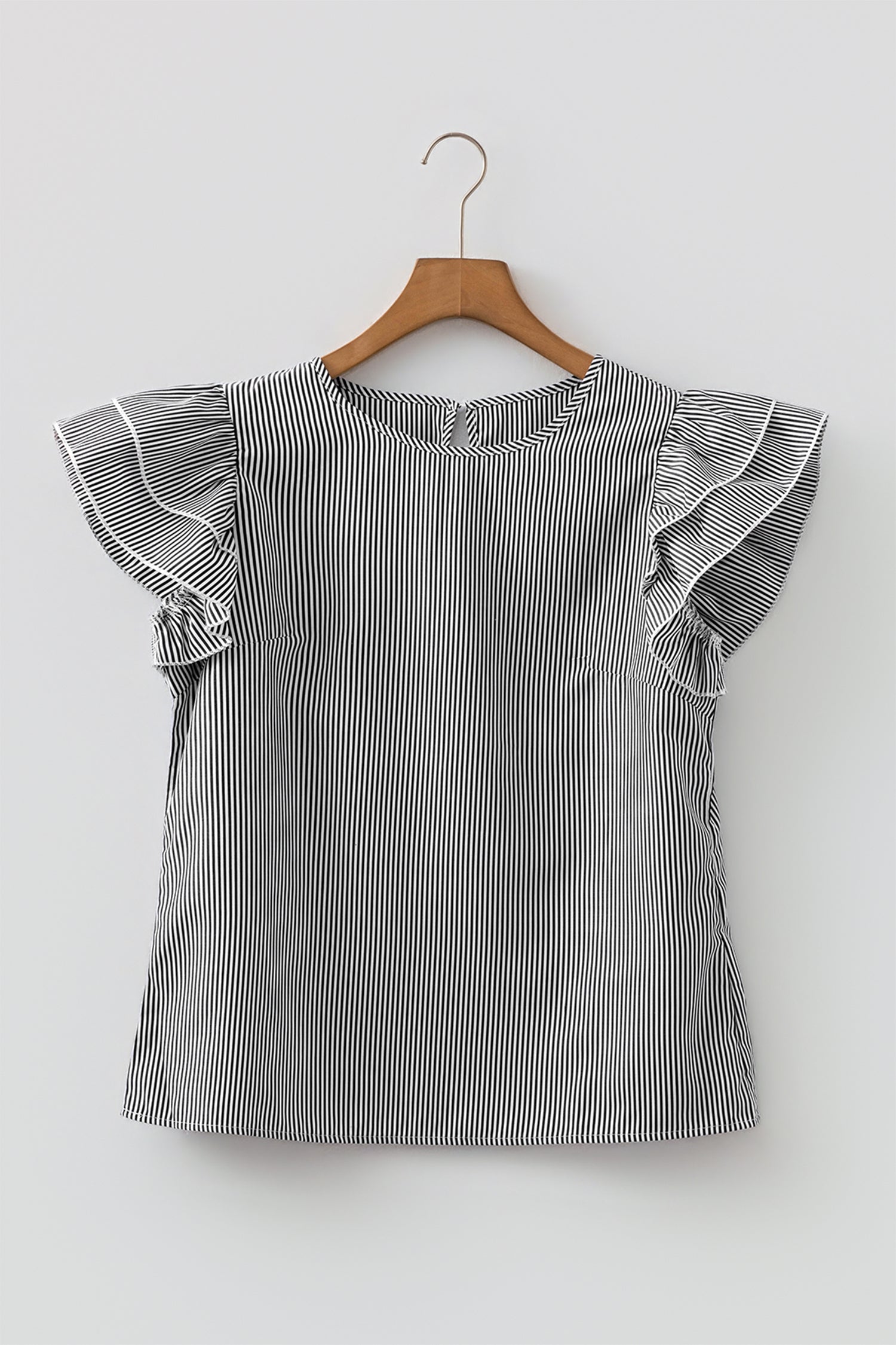 Black Stripe Striped Ruffle Sleeve Short Sleeve Round Neck Casual Shift Blouse