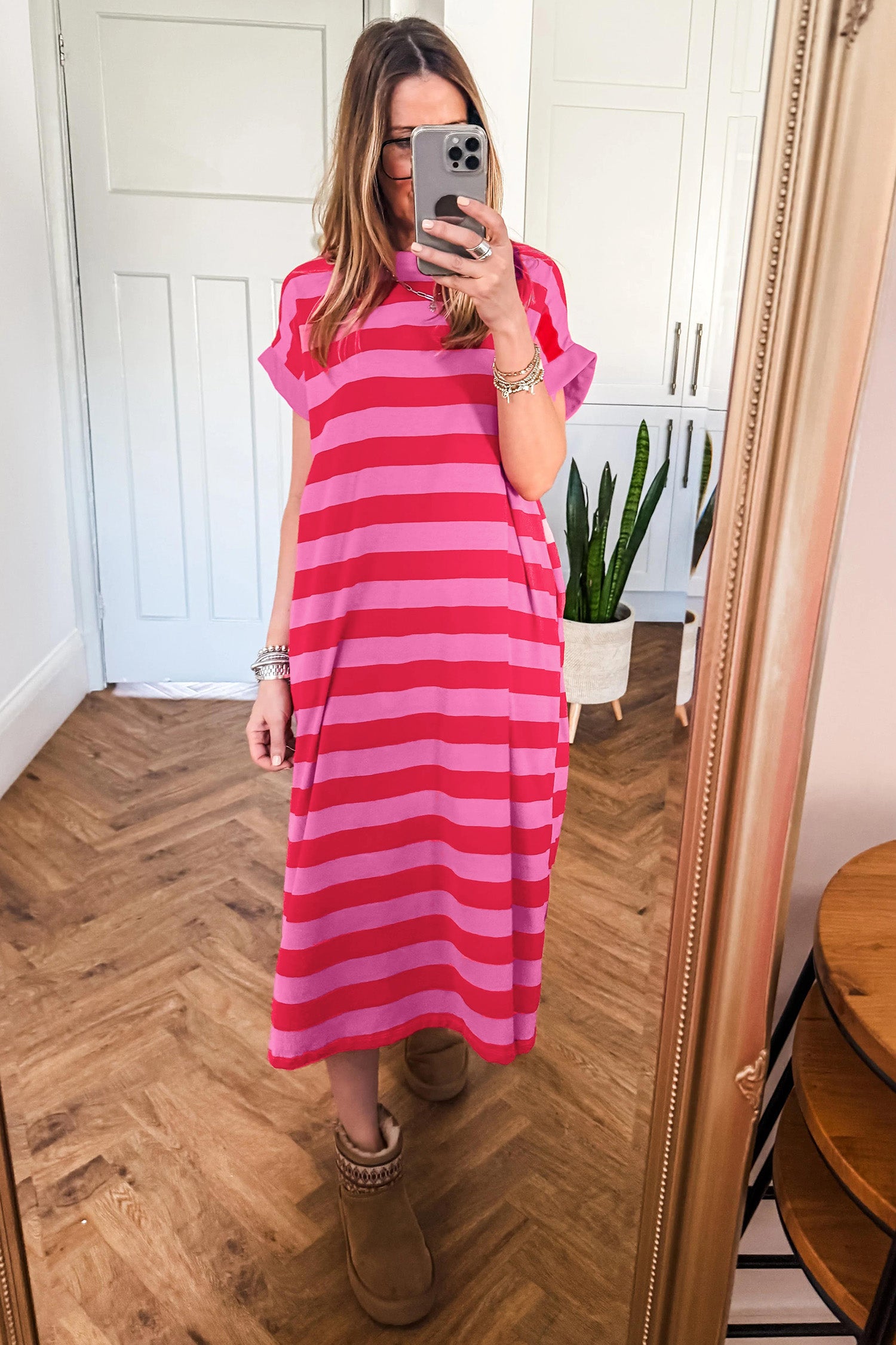 Rose Stripe Cuffed Short Sleeve Pocketed Casual T Shirt Long Dress