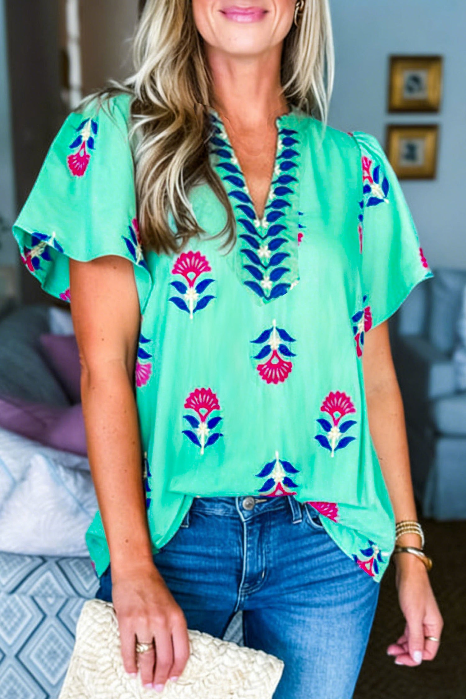 Green Floral V Neck — Tops/Blouses & Shirts, vue 3, LeGeekShop