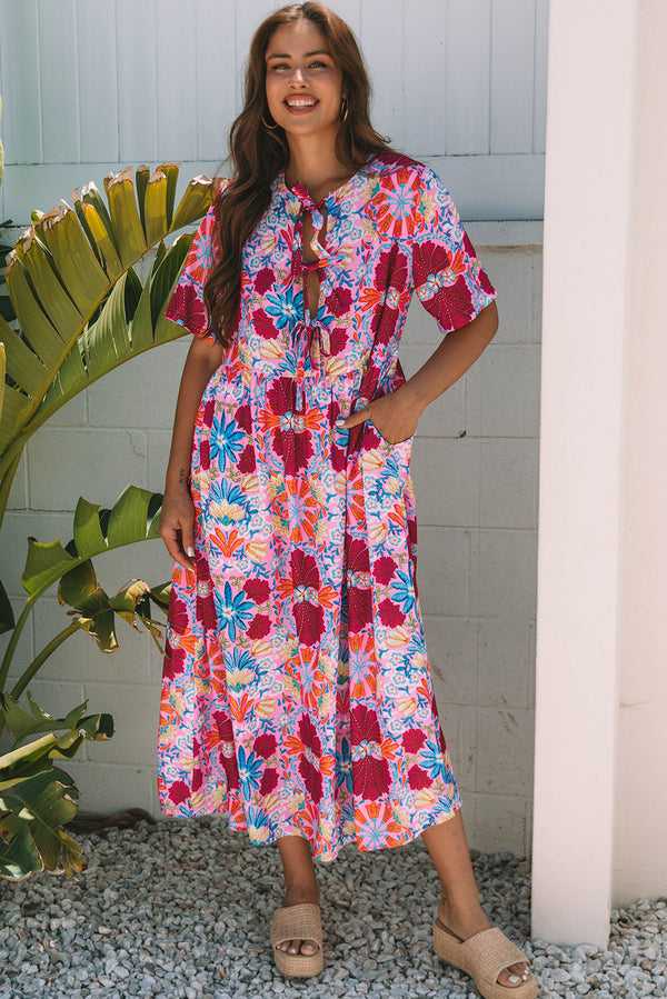 Robe femme floral, manches courtes, taille haute, ample