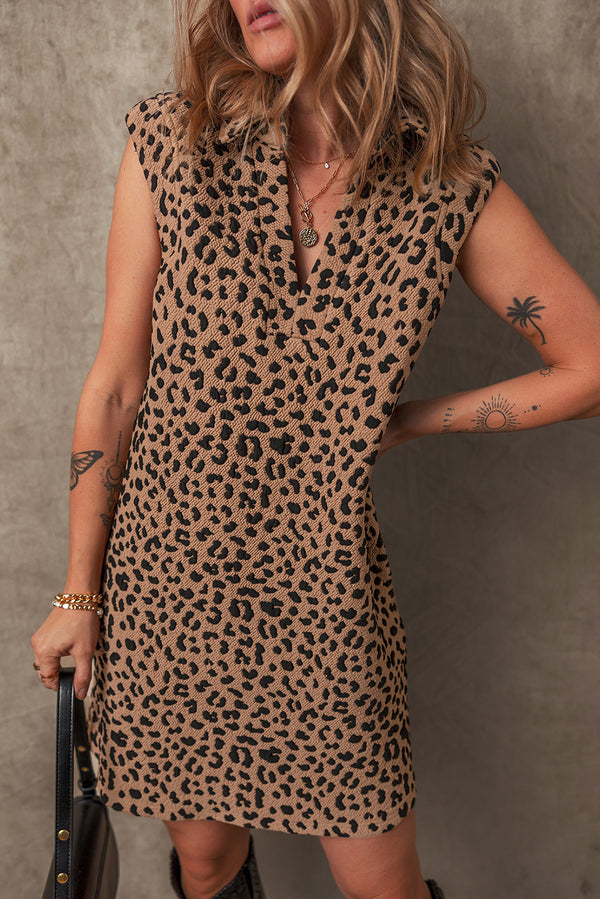 Robe courte femme léopard, sans manches, col V — kaki