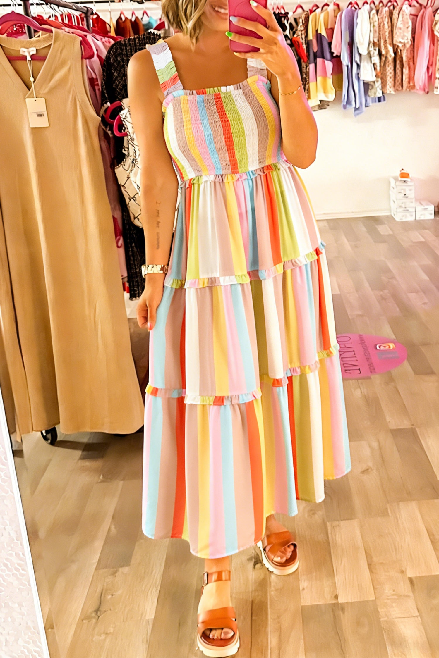 Robe longue femme rayé, smocké, à étages, maxi — vert