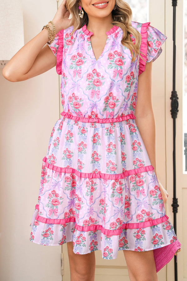 Robe femme floral, à volants, à étages, sans manches — violet