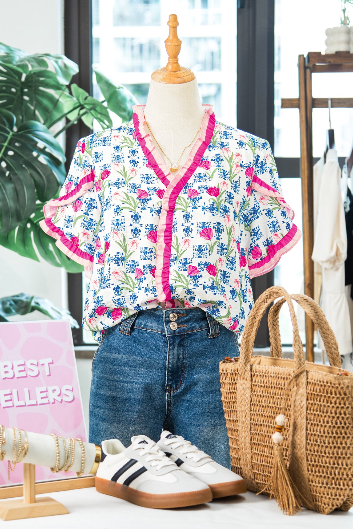 Rose Floral Print Ruffle V-Neck Short Sleeve Loose Tunic Shirt