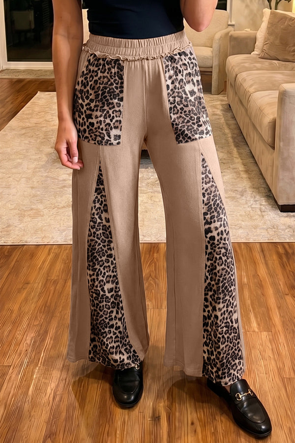 Pantalon femme léopard, patchwork, jambe large — jaune