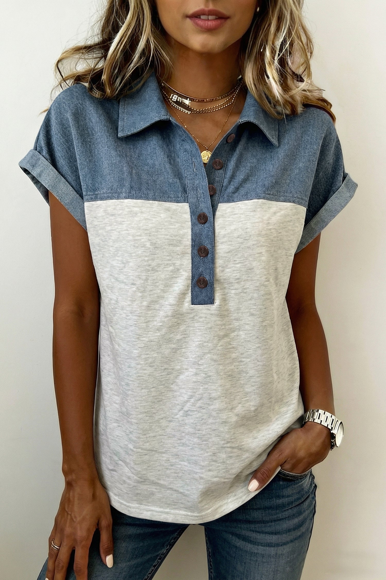 Black Color Block Denim Patchwork Button Polo Collar Short Sleeve Top
