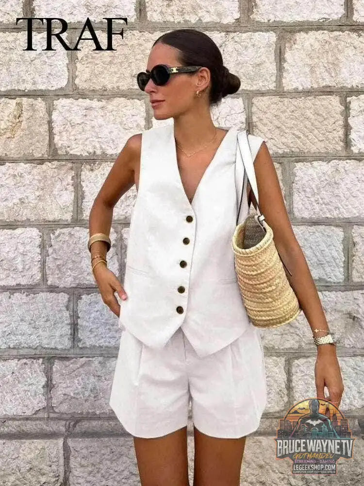 👗 Ensemble deux pièces femme – Gilet sans manches & short à poches - Legeekshop