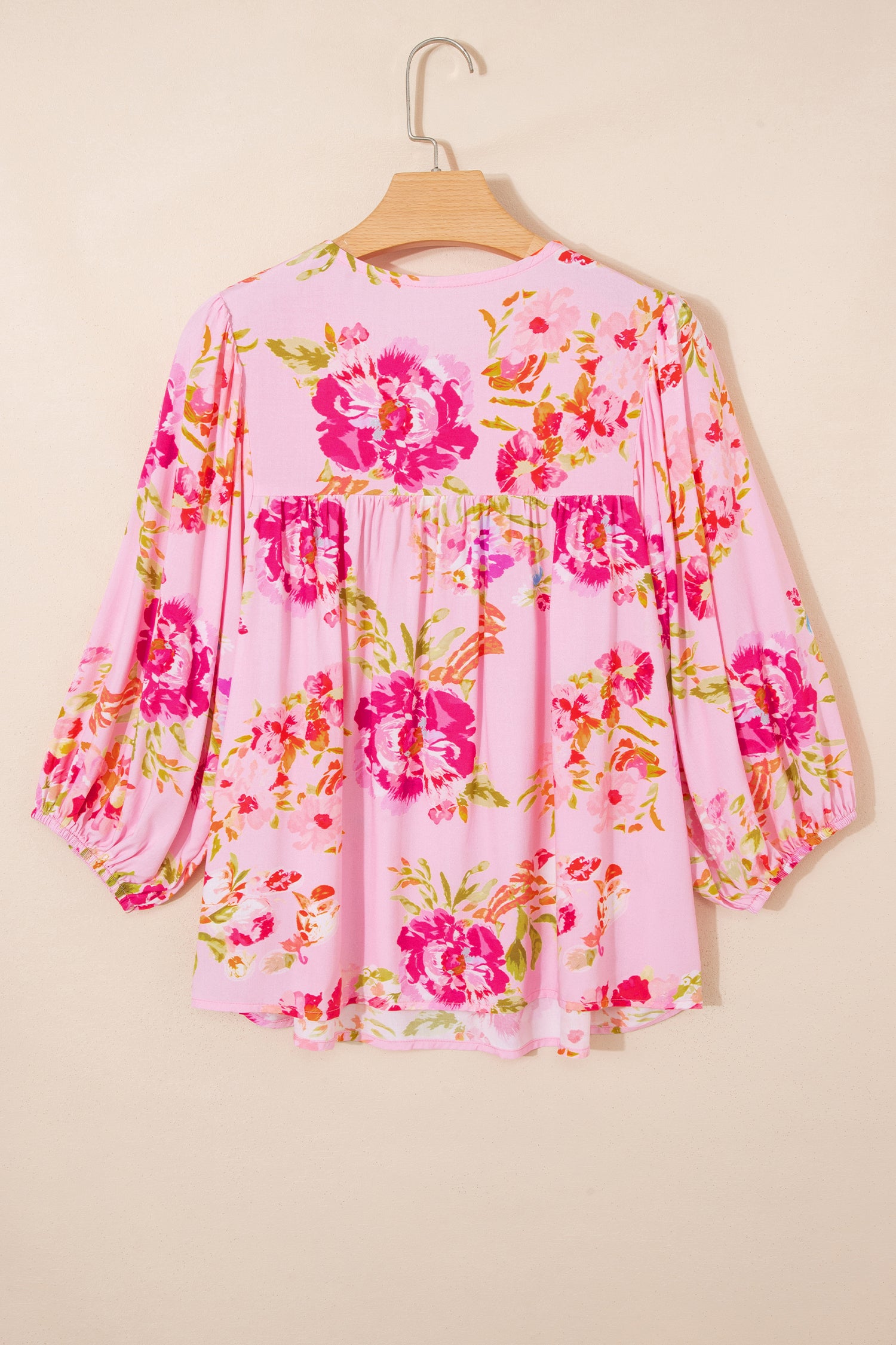 Pink Floral Print Tie Neck Puffy Half Sleeve Blouse