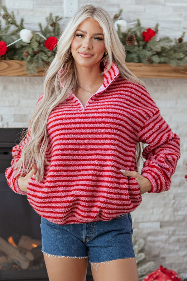 Sweat femme rayé, zip — rose