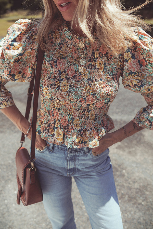 Crop top femme floral, à volants, smocké, manches ballon — jaune