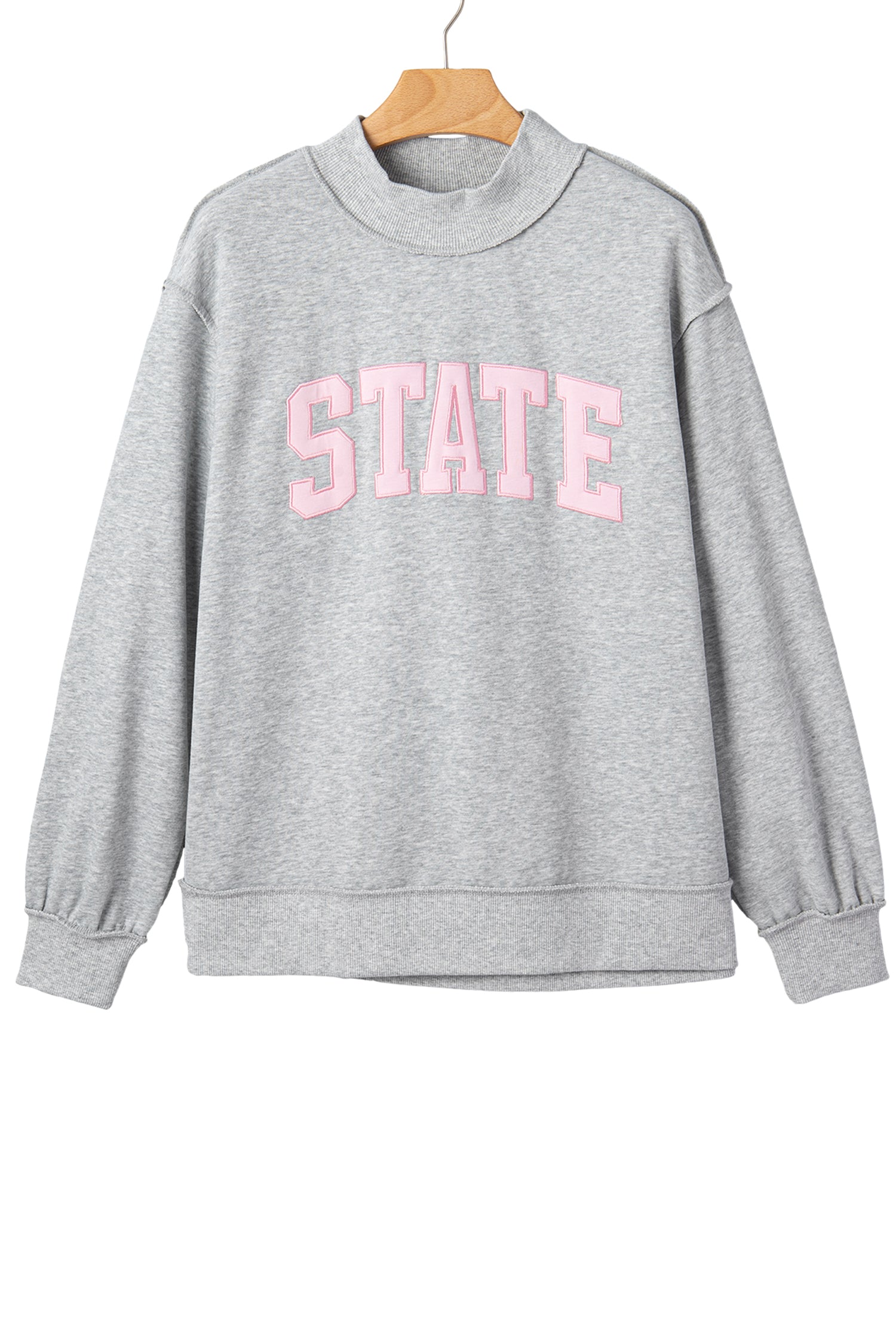 Light Grey Exposed Seam Mock Neck STATE Letter Graphic Loose Sweatshirt
