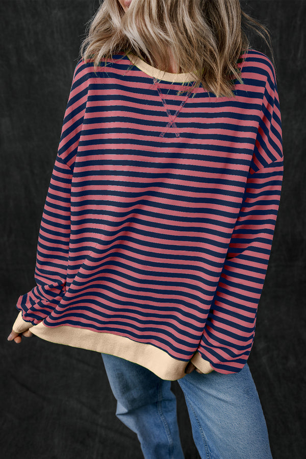 Sweat femme rayé, oversized, bordure contrastée — rouge