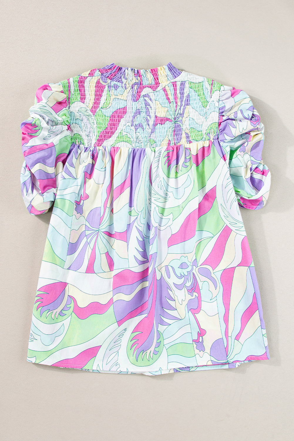 Blouse imprimé abstrait, manches ballon, détail smock — vert